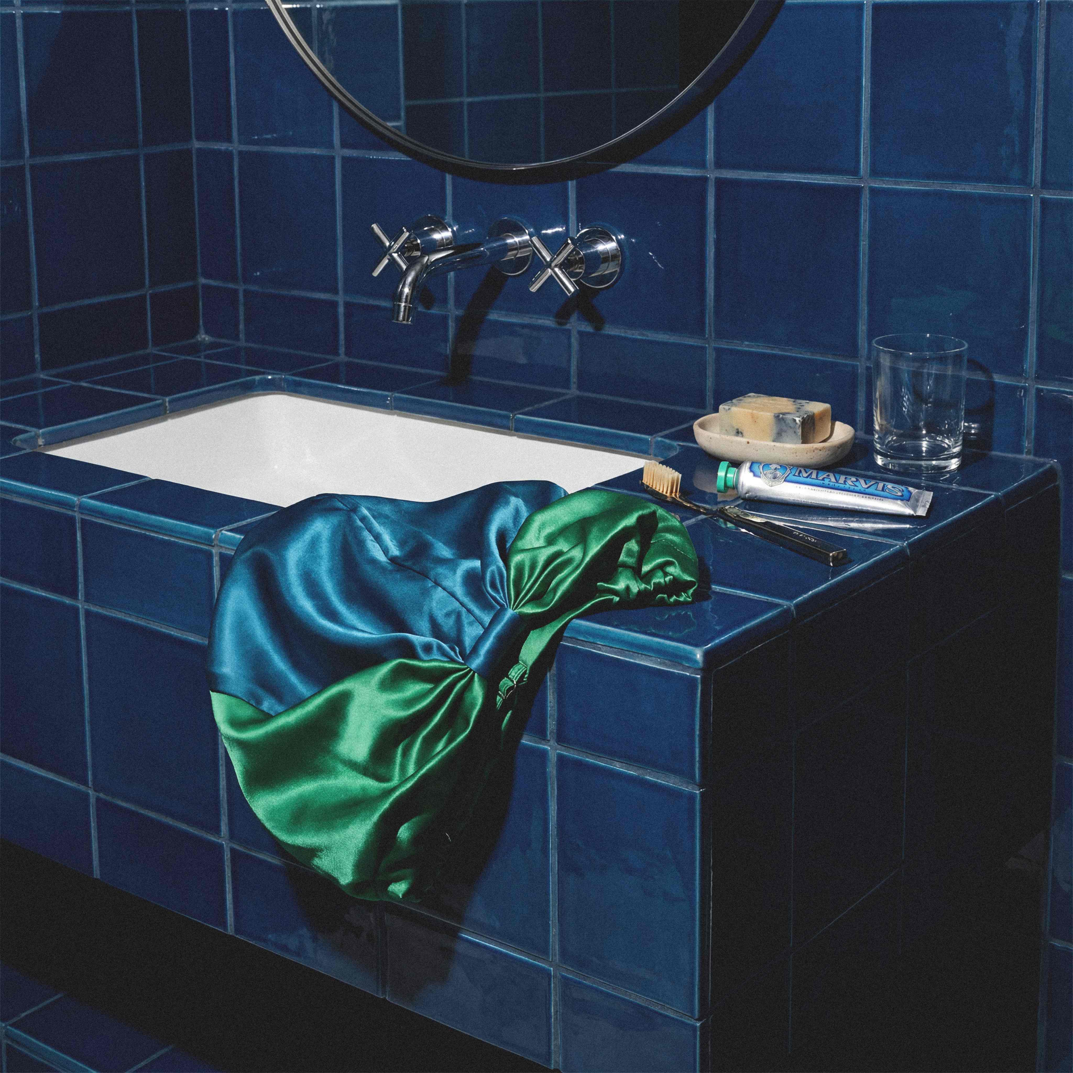 Silk Hair Wrap Bonnet - The Isla - Blue & Green