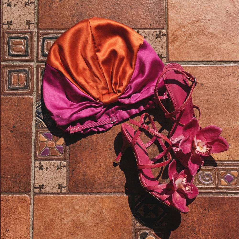 Silk Hair Wrap Bonnet - The Poppy - Pink & Orange